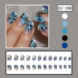 TBRZTR Blue Flower Press on Nails Short Square Artificial Coffin Nails Press Nails with Charm Acrylic Nails Nude False Nails Full Cover Glue on Nails Reusable Stick on Nails for Women 24Pcs