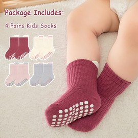 Dioshark Baby Girls Anti Slip Socks, Grip Crew Socks Pink White Grey Red Cotton Warm Non Skid Socks Toddler Infant Winter Aumtun Spring Multicolor Socks Set for Children Age 1-3 Years, 4 Pairs