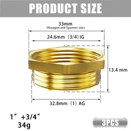 Aitsite Reducer 3/4 to 1 inch made of brass, reduction thread fitting with hexagon, 1 inch male thread x 3/4 inch female thread, brass fitting for pipe connection (3 pieces)