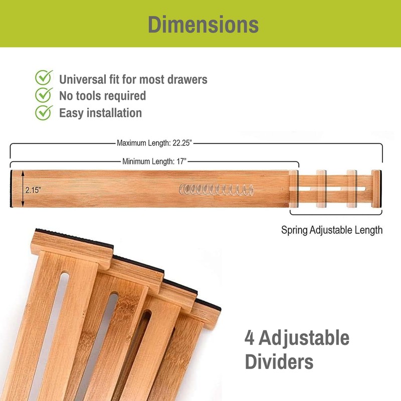 Homemaid Living Bamboo Drawer Organizer Adjustable and Expandable - Ideal