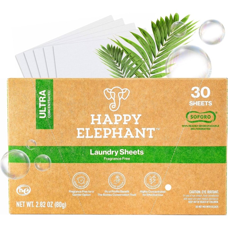Happy Elephant Laundry Detergent Sheets, Fragrance Free, Natural Biodegradable Laundry