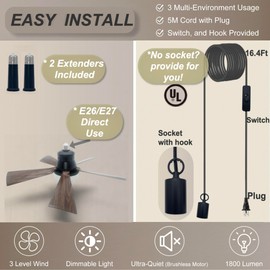 SUKIMIH Socket Fan Light, 20.5", Plug in Ceiling Fan, Gazebo Fan, Outdoor/Indoor, 16.4 Ft Cord with Hook UL Listed, Ceiling Light with Remote (Dark wood color)