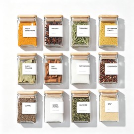 Especieros para Cocina - Tarros de Cristal para Especias con Tapas de Bambú, Juego de 12 Recipientes Cuadrados de 4 Onzas (120ml) con Etiquetas,...   