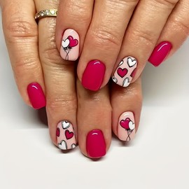 Valentines Press on Nails Short Square Fake Nails Pink Nails Press ons with Heart Decoration Cute False Nails Acrylic Nails Full Cover Glossy Glue on Nails Stick on Nails for Women Manicure 24 Pcs