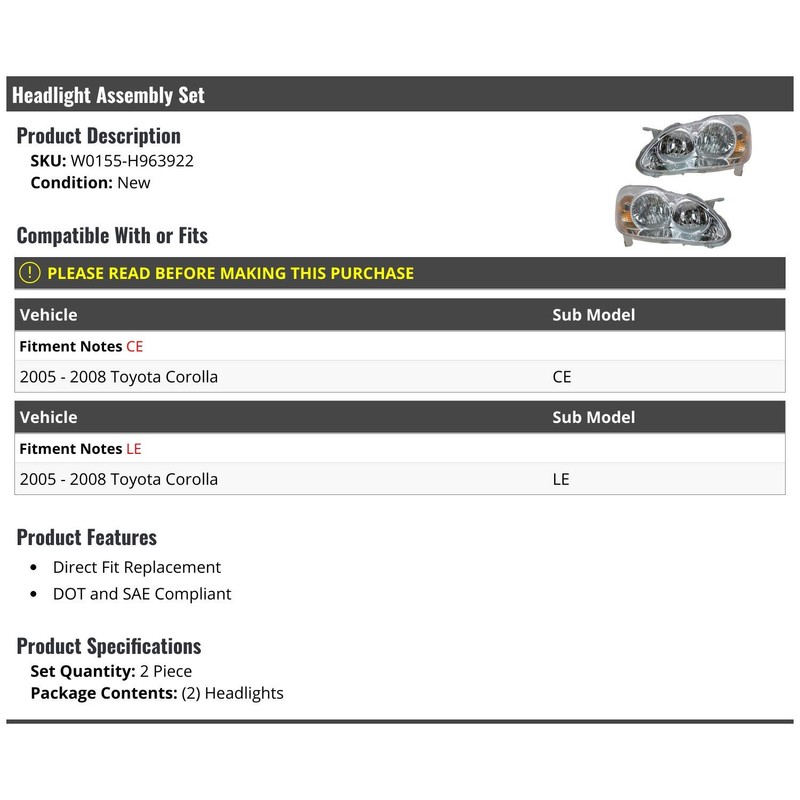 Headlight Assembly - Set of 2 - Compatible with 2005-2008