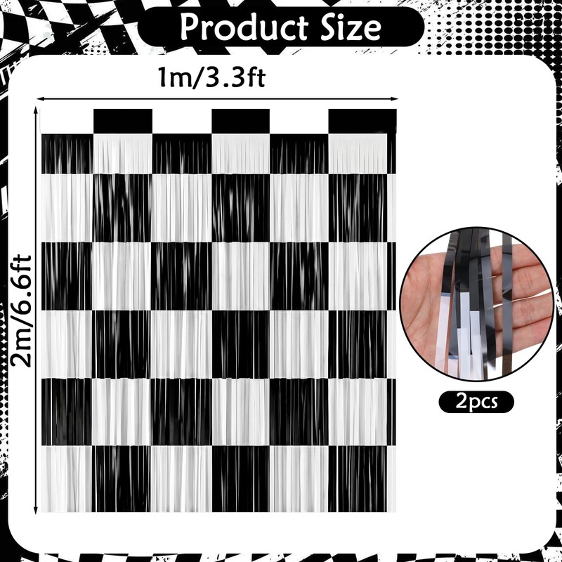2Pcs Checkered Backdrop- Black White Checkered Backdrop Foil Streamer 1x