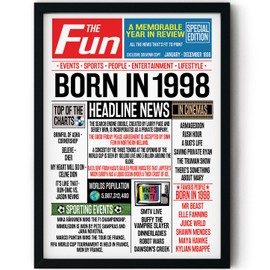 Stuff4 27th Birthday Poster Framed - Born In 1998 Newspaper - Happy 27th Birthday Gifts for Men Women Vintage Retro Back In 1998, 8x10 Inch Twenty-Seven Twenty-Seventh Bday Party Decor Decoration