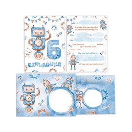 Minkocards 12 Invitation Cards for 6th Children's Birthday Boy Robot Invitations for Sixth Birthday Includes 12 Envelopes, 12 Party Bags/Petrol, 12 Stickers, 12 Bookmarks