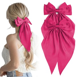 2Pcs Rose Red Pink Hair Bows Long Tail Satin Bow Hair Clips Large Silky Ribbon Bow for Hair Ponytail Holder with Metal Clip Coquette Wedding Hair Barrettes Accessories Gifts for Women Girls