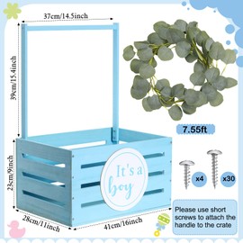 Barydat Wooden Baby Shower Crate Closet Baby Gift Basket Wood Storage Hamper with Handle Garland Newborn Welcome Gift Gender Reveal Pregnancy New Parent(Blue,Boy)