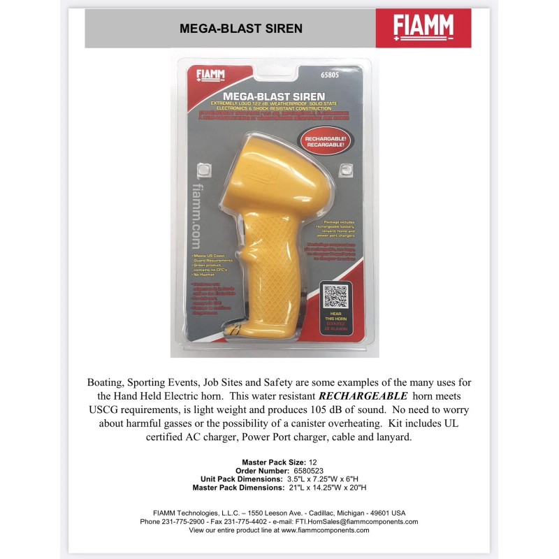 Fiamm 65805 Mega Blast Siren Horn Yellow Battery Powered FREE