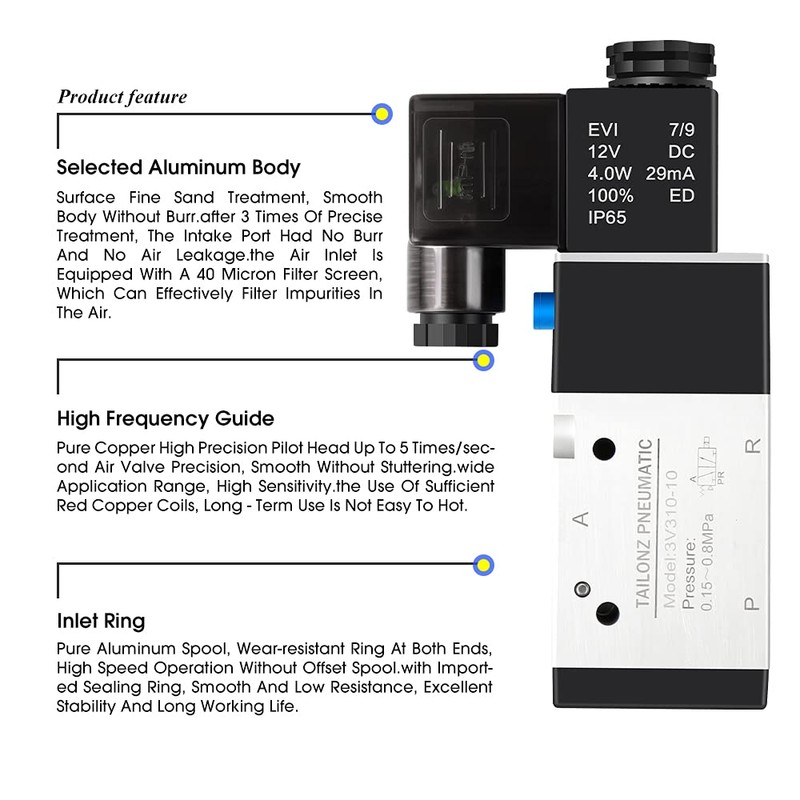 TAILONZ PNEUMATIC 3/8"NPT Solenoid Valve 3V310-10 DC12V Single Coil Pilot-Operated