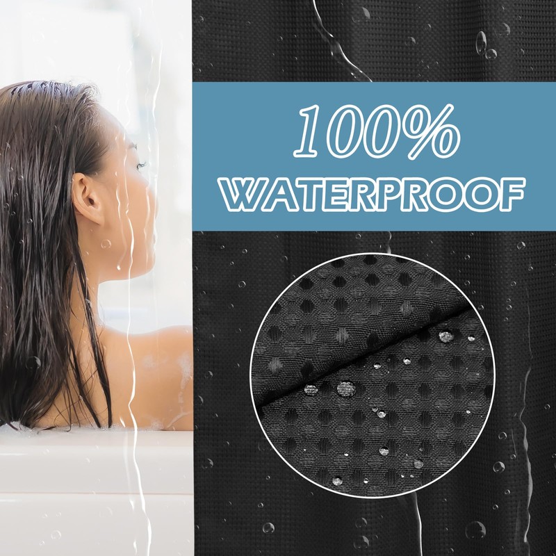 EUTXL Black Shower Curtain with Liner - 230GSM Waffle Textured