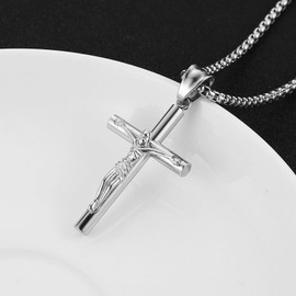HZMAN Crucifix Necklace Stainless Steel Cross Pendant with 22+2 Chain for Men Women