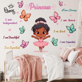 Black Girl Religious Wall Decal Stickers Positive Saying African American Princess Wall Decor Inspirational Afro Kids Room Wall Stickers Pink Fairy Butterfly Wall Art for girl Bedroom