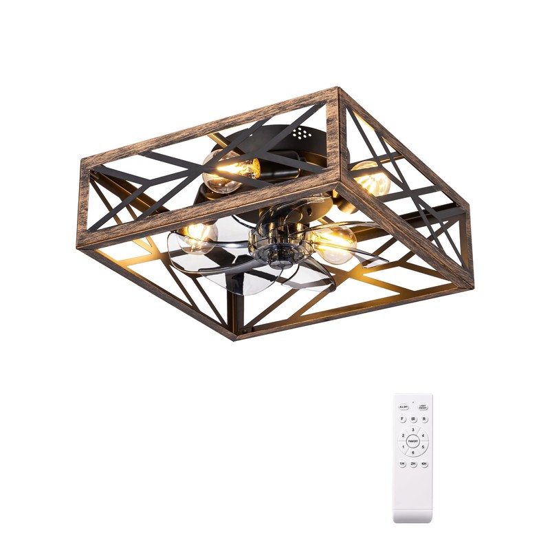 EDISHINE Caged Ceiling Fans with Lights Flush Mount, Rustic Square