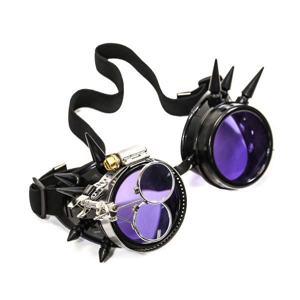 Steampunk Victorian Style Spike Goggles Colored Lenses & Ocular Loupe
