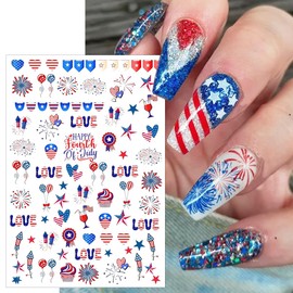 6 Sheets 4th of July Nail Stickers for Nail Art Independence Day Nail Decals 3D Self-Adhesive American Flag Letters Numbers Star Nail Supplies USA Patriotic Fireworks Nail Art Stickers for Women