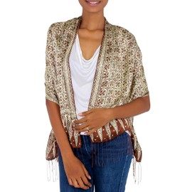 NOVICA Artisan Handmade Silk Batik Scarf Floral Red Yellow Indonesia Accessories Scarves Patterned 'Budding Jasmine'