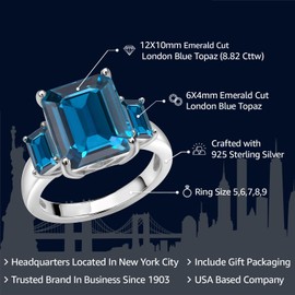 Gem Stone King 925 Sterling Silver Emerald Cut London Blue Topaz 3-Stone Ring For Women (8.82 Cttw, Gemstone Birthstone, Available In Size 5, 6, 7, 8, 9)