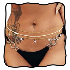 Nicute Gold Rhinestone Waist Chain Layered Belly Chain Belt Sparkly Bikini Waist Jeweley for Women (Crystal)