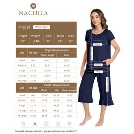 NACHILA Women's Pajamas Set-Viscose made from Bamboo, Short Sleeve Pjs with Capri Pants Pleated Loungewear Sets Cool Sleepwear Pink M