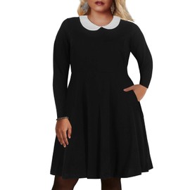 Nemidor Women's Peter Pan Collar Long Sleeve Fit and Flare Plus Size Skater Party Dress NEM176 (Black+Sleeve, 20W)