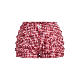 SHENHE Women's Plus Size Plaid Ruched Bloomer Shorts Elastic Waist Cute Mini Shorts Red and White X-Large Plus