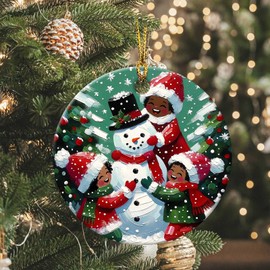Snowman & Cute Child Ornament 2024 Round Ceramic Ornament Xmas Keepsake for Christmas Tree Winter Holiday Xmas Gift for Women Men Xmas Hanging Ornament 3"