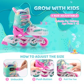 NEMONE Mermaid Inline Skates, 4 Sizes Adjustable Skates for Girls, Kids Skates with Light up Wheels, Indoor Beginner Outdoor