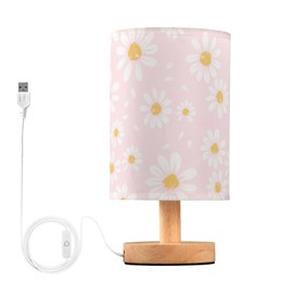 Bseiialft Daisy Flower Pink Bedside Table Lamp Nightstand Lamp with Wood Base Night Light Linen Fabric Shade for Bedroom Living Room Nursery Office Desk