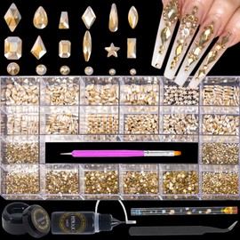 DZHILHMX Nail Rhinestones - 4300pcs Champagne Gold, Multiple Shape Gems, Flat Back Rhinestones, with Kit and Glue Gel, for Nail Art