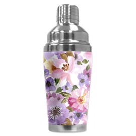 Mugzie 16 Ounce Stainless Steel Cocktail Shaker/Martini Shaker with Wetsuit Cover - Pink & Purple Flower Watercolor