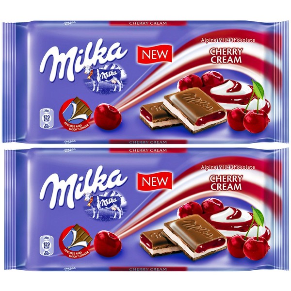 2 Pcs Milka Alpine Milk Chocolate Bars Vanilla Cherry Cream