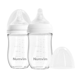 Numvim Natural Glass Baby Bottle Gentle & Extra Slow Flow, Newborn Breastfeeding Bottle with Anti Colic Nipple for 0 Months Babies, Includes S Nipples, (5Oz, 2 Packs)