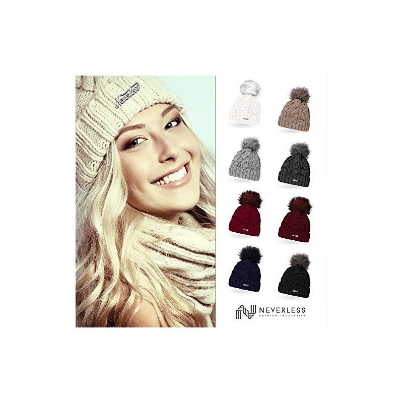 Neverless Ladies Knitted Fur Pom Pom Faux Fur Winter Hat