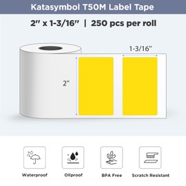 SUPVAN T50M Series Label Maker Tape, 1.96" × 1.18" (50mm × 30mm) 250 Labels/Roll Genuine Laminated Thermal Label Tape Refill, Waterproof Oilproof Highly Adhesive Auto Detect Labels, Yellow