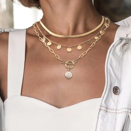 Layered Necklace for Women Pearl Coin Pendant Necklace Dainty Multilayer Chain Gold Plated Choker Necklaces for Women Girls (A)