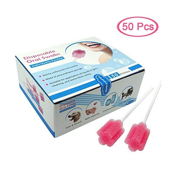 MUNKCARE Disposable Oral Foam Swab with Mint Flavored, Individually Wrapped, Red, Box of 50 Counts