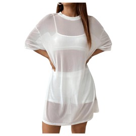 Verdusa Women's Sheer Mesh Dress Loose See Through Half Sleeve Beach Cover Up, White, Small