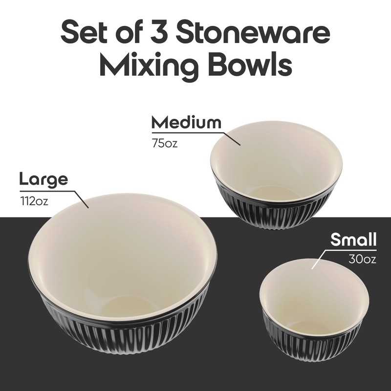 Omniware Simsbury Batter Bowl Set, 3-Piece Nesting Bowls, Stoneware Kitchen