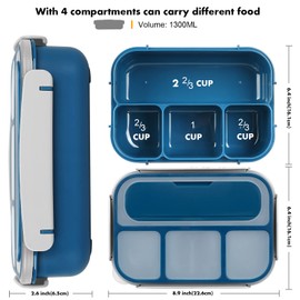 Yumuk Bento Box, Lunch Box Kids, 1300ML Adult with 4 Compartment &Food Picks &Cake Cups, Containers for Adults/Kids/Toddler, Leak-Proof, Microwave/Dishwasher/Freezer Safe(Blue)
