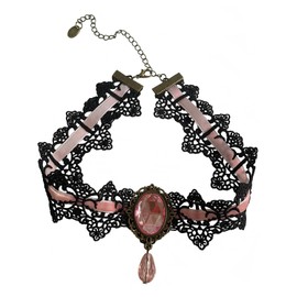 Youniker Retro Handmade Choker Necklace for Women Gothic Black Lace Necklace for Halloween Punk Costume Party Royal Court Vampire Choker (Pink Necklace)