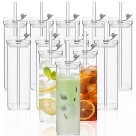 12 Sets Square Drinking Glass Cups with Lids & Straws, 17 Oz Clear Highball Glasses for Cocktail, Iced Coffee, Juice, Beer - Modern Glass Tumblers