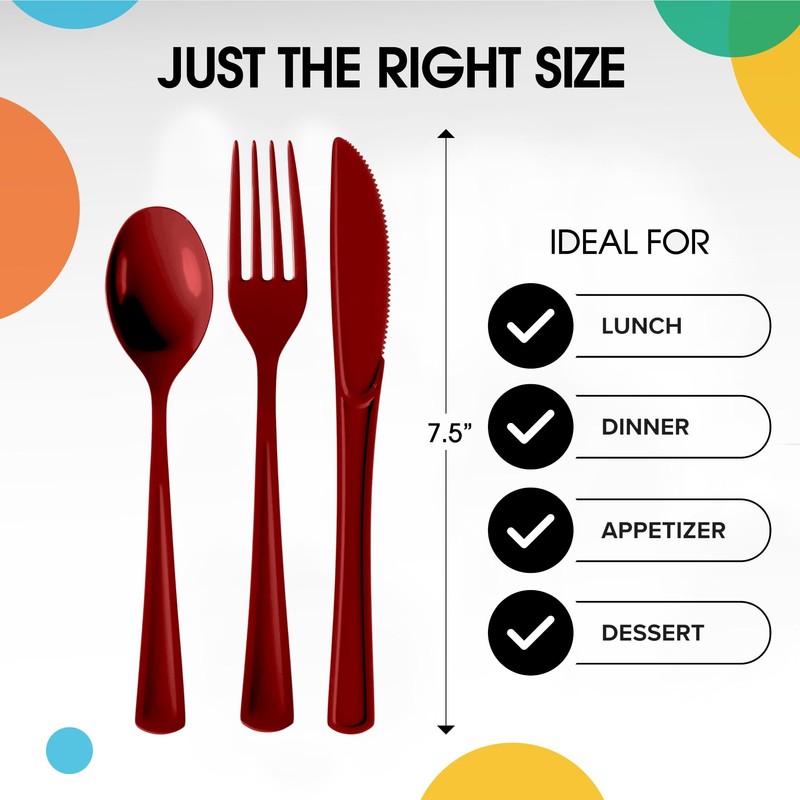 Party Solids Burgundy Plastic Silverware Heavy Duty 150 Pieces Burgundy