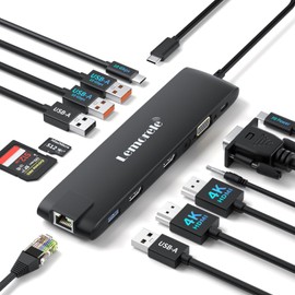 Lemorele 13-in-1 USB-C Docking Station, Triple Display 4K@30Hz(2 HDMI+VGA), 10Gbps USB3.1, Gigabit Ethernet, 100W PD, SD TF Reader, Audio Jack, Plug and Play for MacBook & Windows Laptops