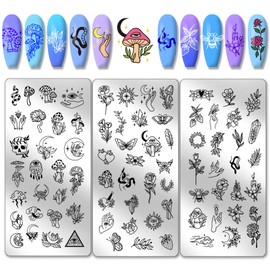 PH PandaHall 3pcs Magic Moon Sun Nail Art Stamping Plate, 78 Patterns Nail Art Stencils Snake Mushroom Flower Nail Stamp Plate Stainless Steel Nail Image Plate for DIY Print Manicure Salon Nail