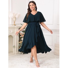 Women Plus Size Long Formal Dress Short Sleeve Chiffon Ruffle V Neck High Low Split Wedding Guest Maxi Dresses Lake Blue