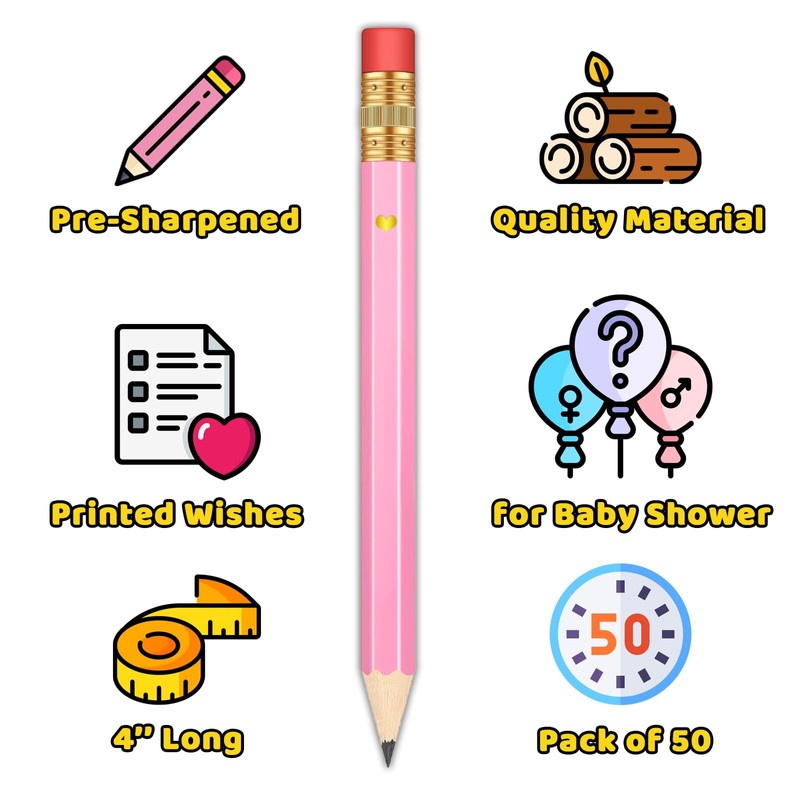 Vusnud 50Pcs - Baby Shower Sharpened Half Pencils with Erasers,