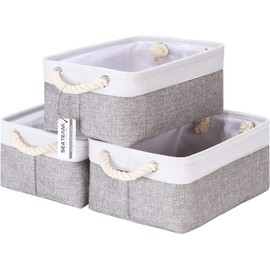 Sea Team 3-Pack Small Storage Basket Set, Storage Cube Organizer, Storage Bins, 12 x 8 x 5 Inches, Rectangle Canvas Fabric Collapsible Shelf Box with Handles for Kids Room (Grey/White)